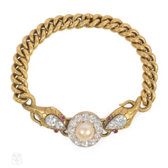1900s French gold, diamond, and pearl snake bracelet