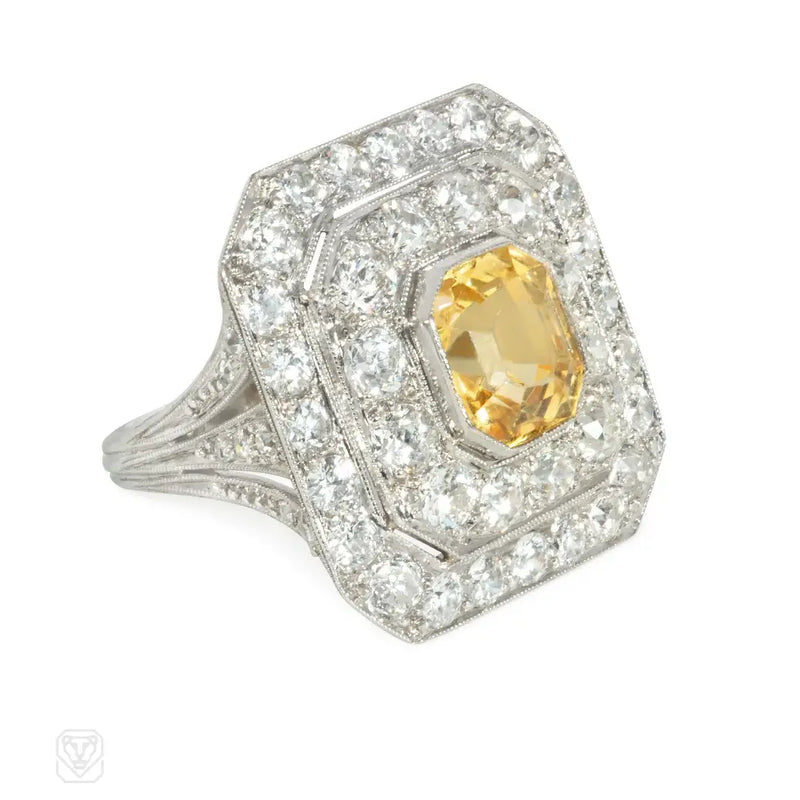 1920S Yellow Sapphire Diamond And Platinum Target Ring