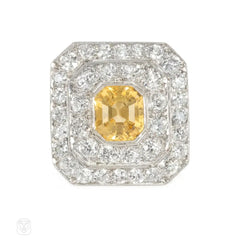 1920s yellow sapphire, diamond, and platinum target ring