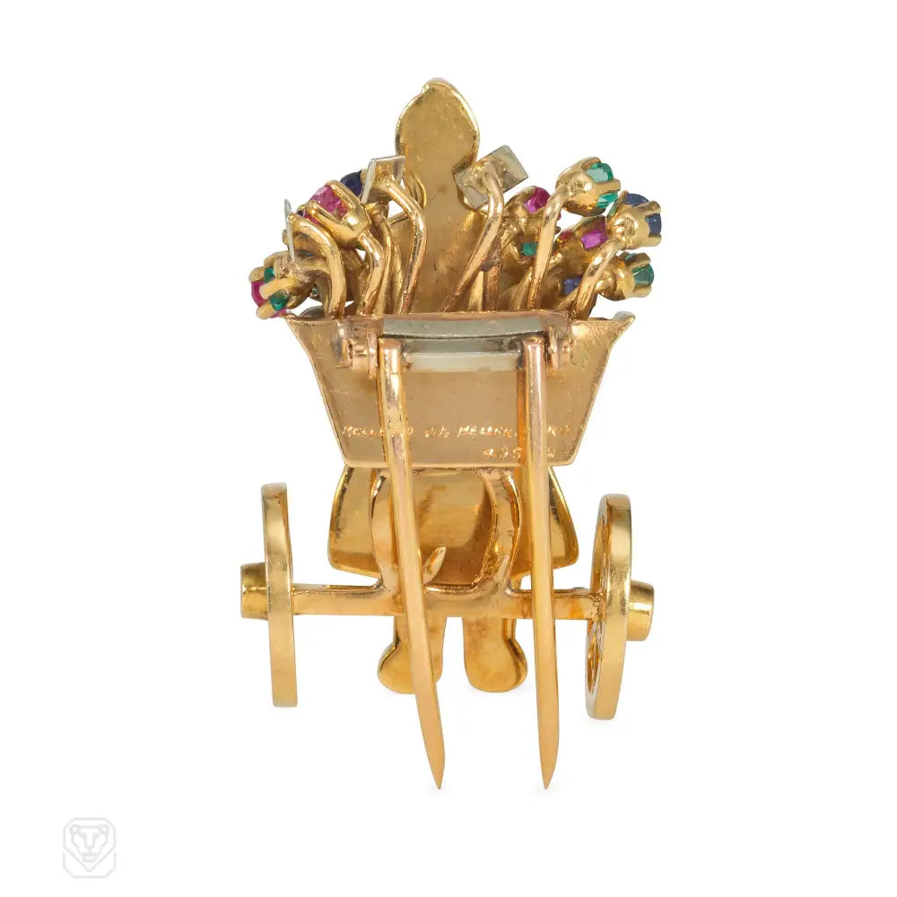 1940s Mellerio multi-gem and gold flower cart brooch