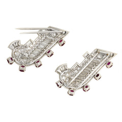 Pair of Art Deco diamond and ruby dress clip brooches