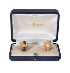 Boucheron, Paris interchangeable diamond, onyx, and coral hoop earrings