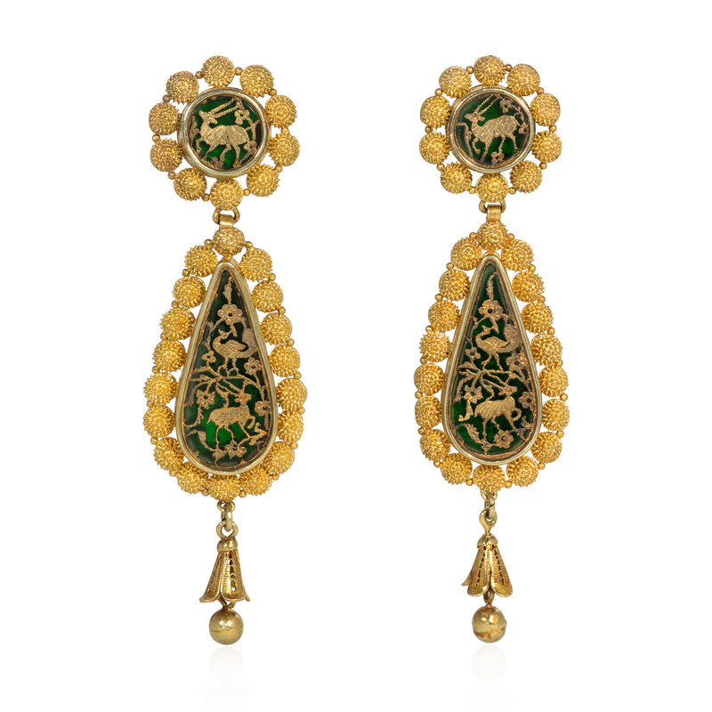 Antique green glass and gold naturalistic scene pendant earrings