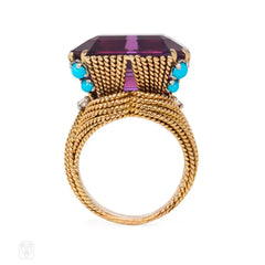 Amethyst, turquoise and diamond cocktail ring, France