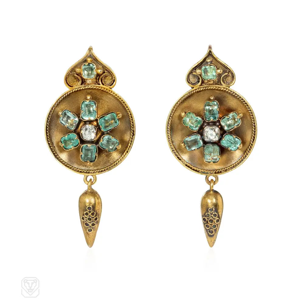 Antique beryl and diamond pendant earrings