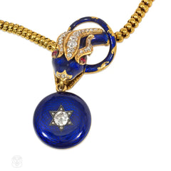 Antique blue enamel and diamond snake necklace