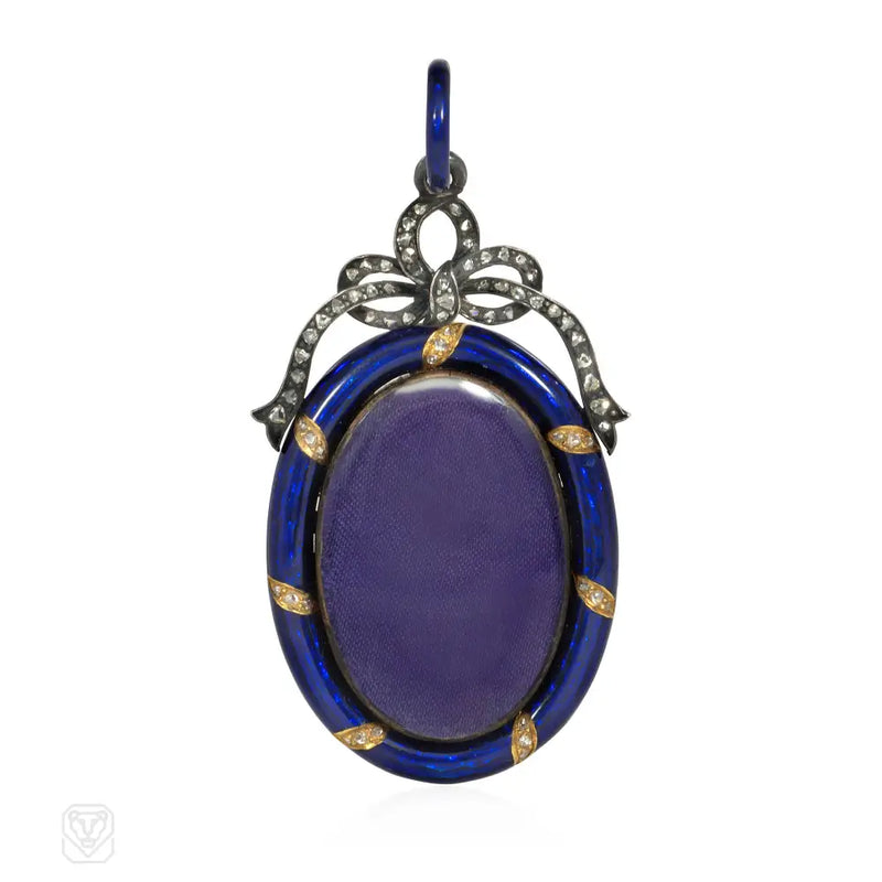 Antique Blue Enamel And Rosecut Diamond Oval Locket