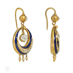 Antique blue enamel, gold, and diamond hoop earrings