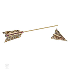 Antique diamond and ruby arrow jabot brooch
