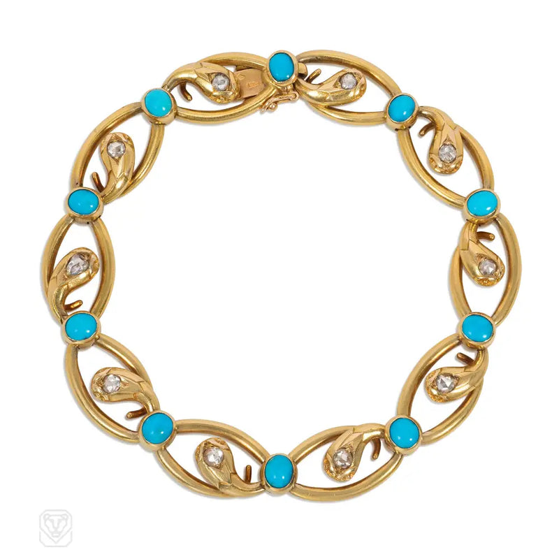 Antique Diamond Turquoise And Gold Snake Link Bracelet