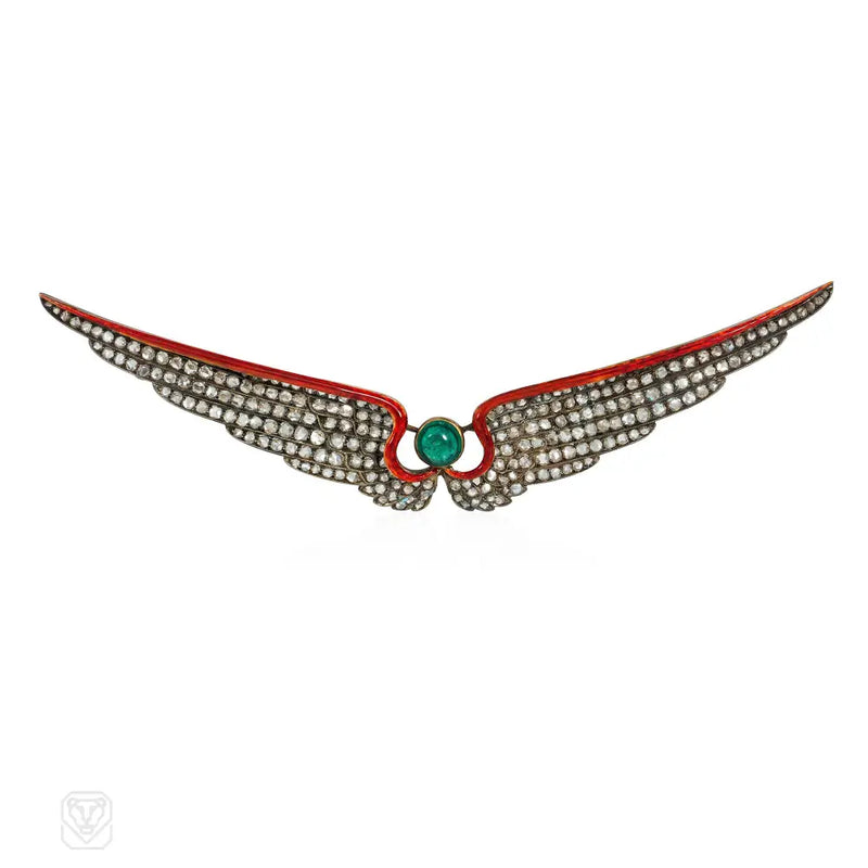 Antique Double Wing Enamel Diamond And Emerald Brooch