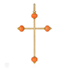 Antique Giuliano coral and pearl fringe necklace with cross pendant en suite