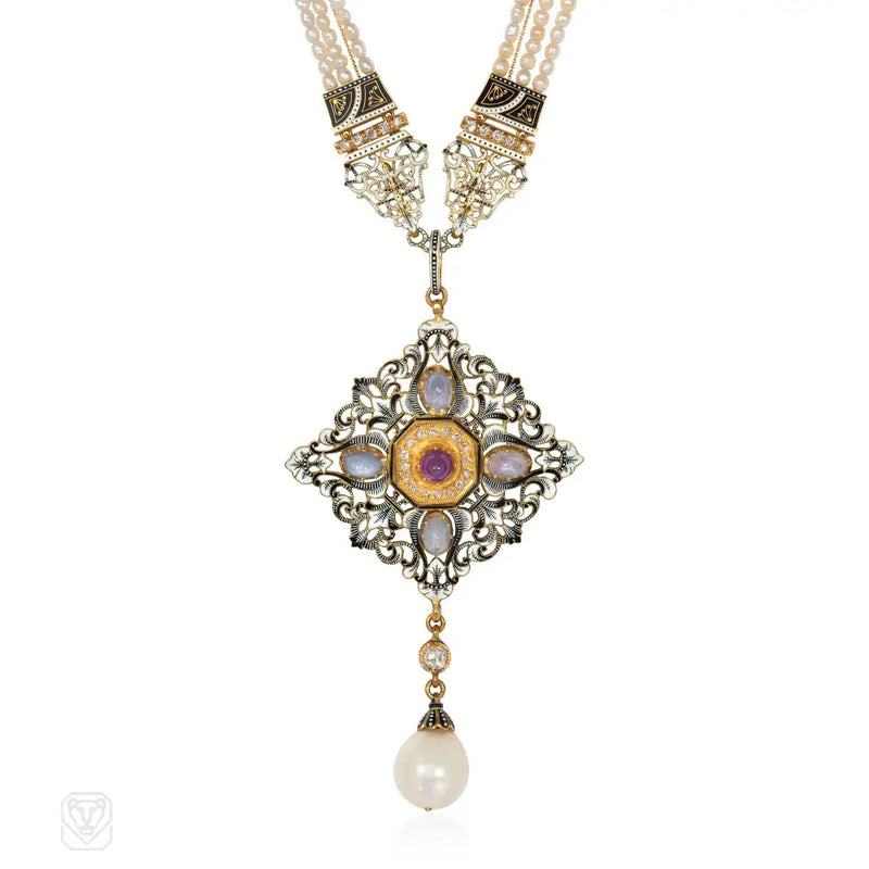 Antique Giuliano Multi - Gem Pearl And Enamel Necklace