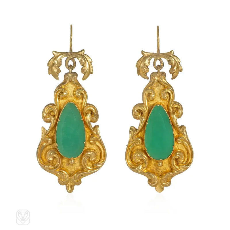 Antique Gold And Chrysoprase Pendant Earrings