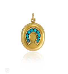 Antique gold and turquoise horseshoe motif locket