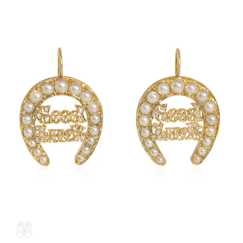 Antique Gold Pearl And Diamond Horseshoe Motif Earrings
