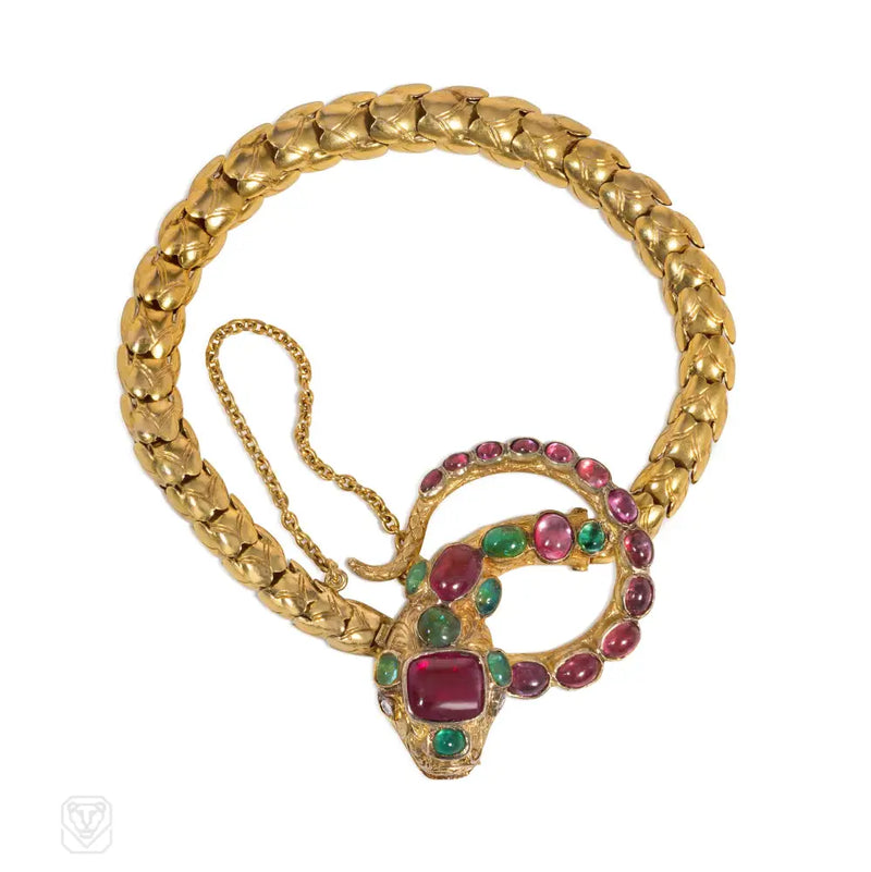 Antique Gold Ruby And Emerald Snake Bracelet