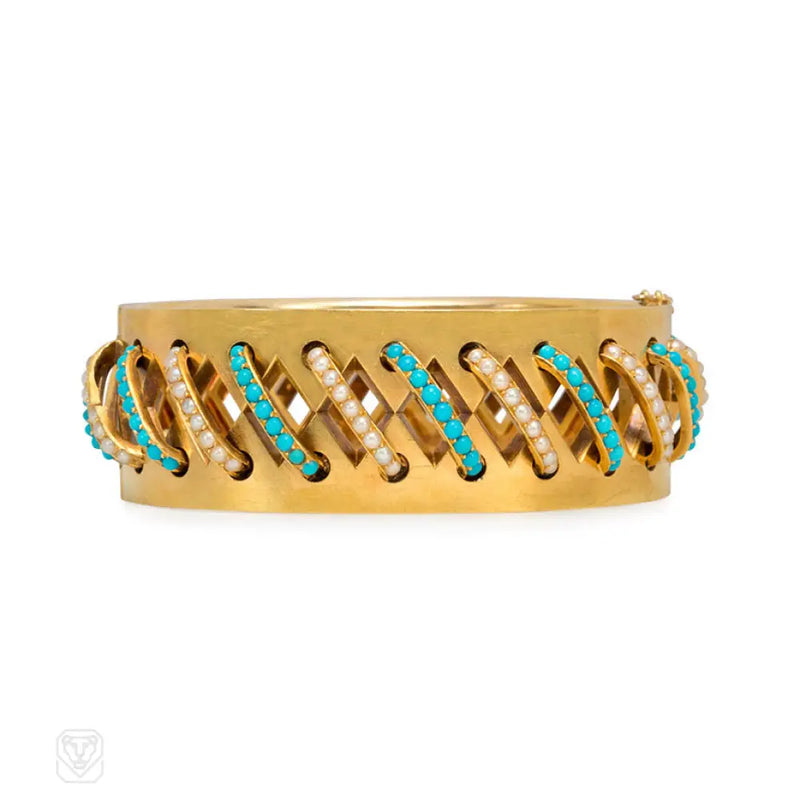Antique Gold Turquoise And Pearl Cuff Bracelet