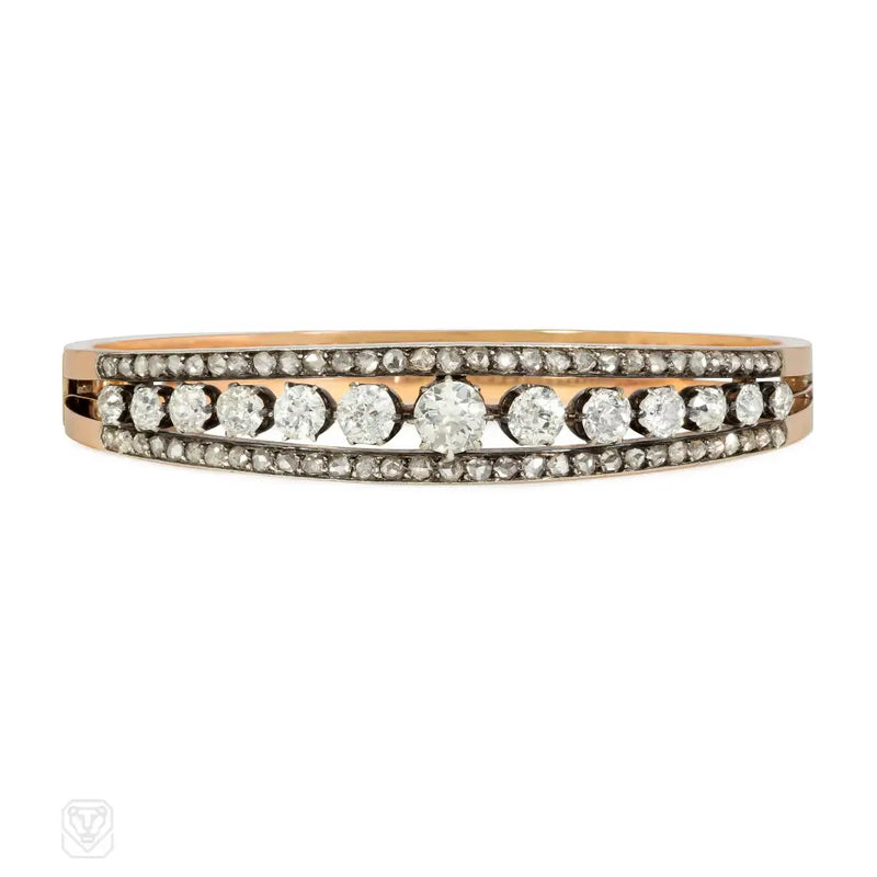 Antique Graduated Diamond And Rose Gold Half - Hoop Bracelet