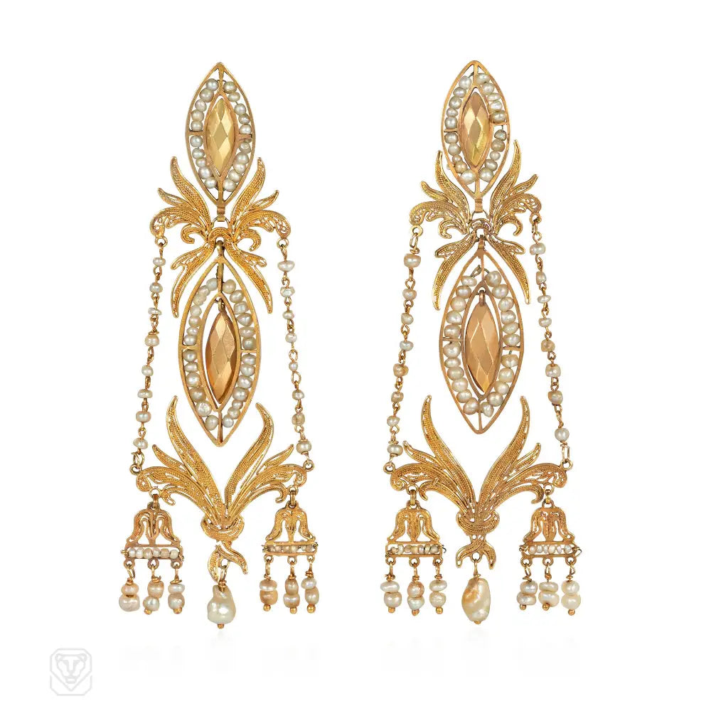 Antique Iberian gold and pearl pendant earrings