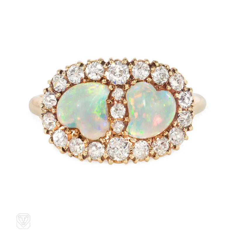 Antique Opal And Diamond Double Heart Ring