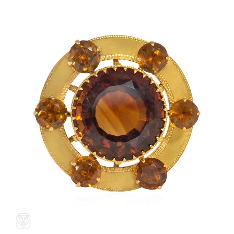 Antique Oversized Gold And Citrine Brooch