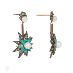 Antique turquoise, pearl, and diamond pendant star earrings