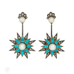 Antique turquoise, pearl, and diamond pendant star earrings