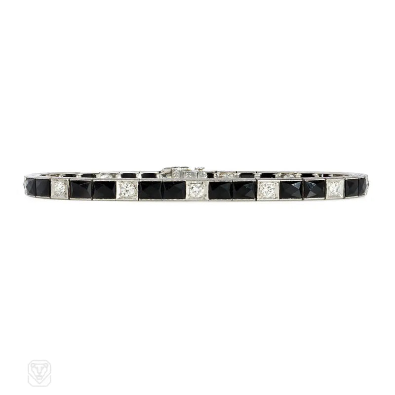 Art Deco French - Cut Onyx And Diamond Line Bracelet