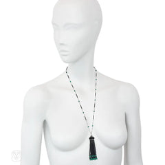 Art Deco French onyx, emerald, enamel, and diamond tassel necklace