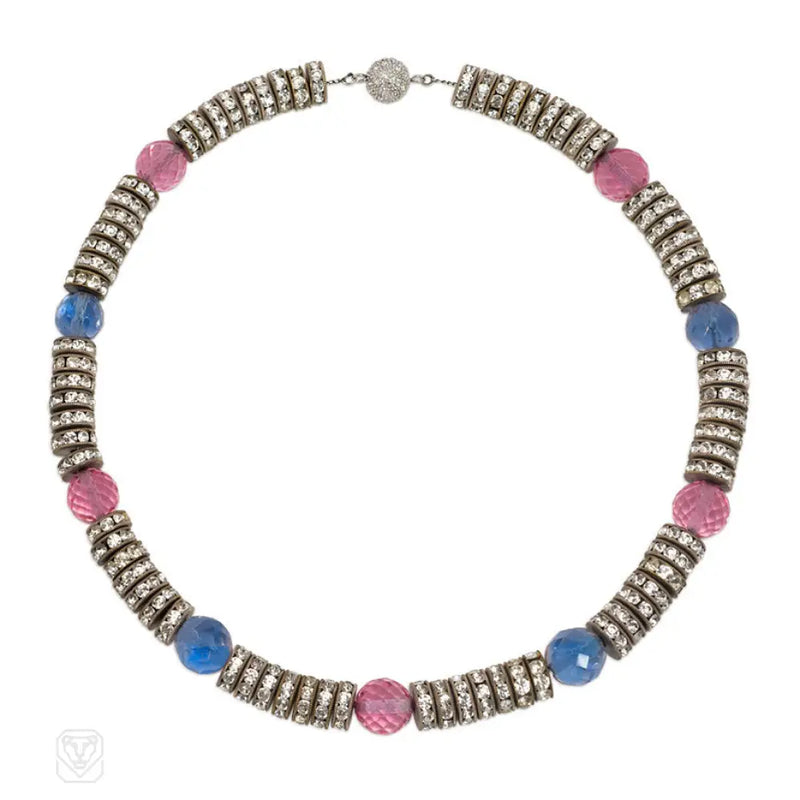 Art Deco Paste And Blue Pink Glass Necklace