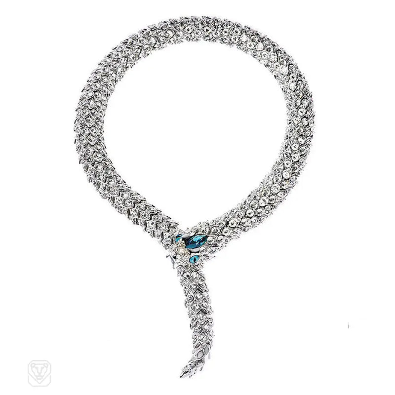 Articulated Crystal Serpent Necklace With Faux Sapphire Head