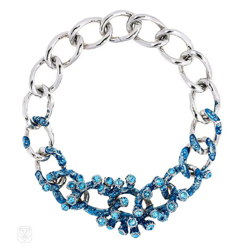 Blue Crystal And Enamel Coral Motif Necklace