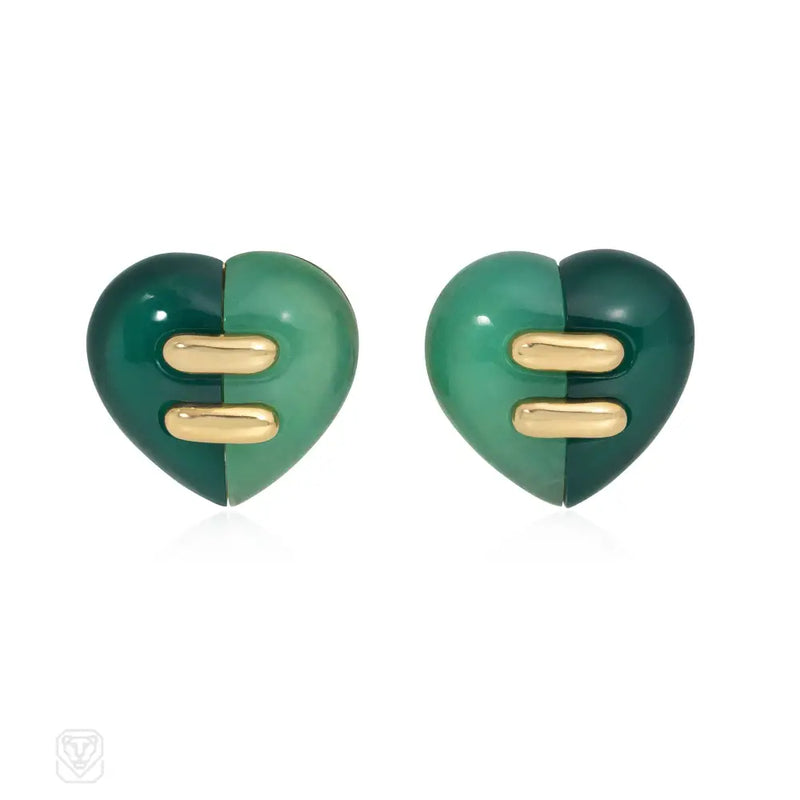 Bulgari Gold Chrysoprase And Jasper Heart Earrings