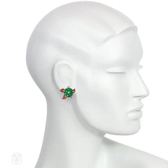Cartier Art Deco jade, amethyst, diamond, and enamel flower earrings