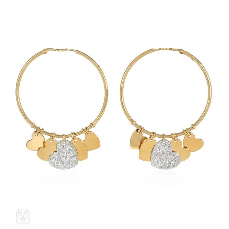 Christian Dior Gold And Diamond Heart Charm Hoop Earrings