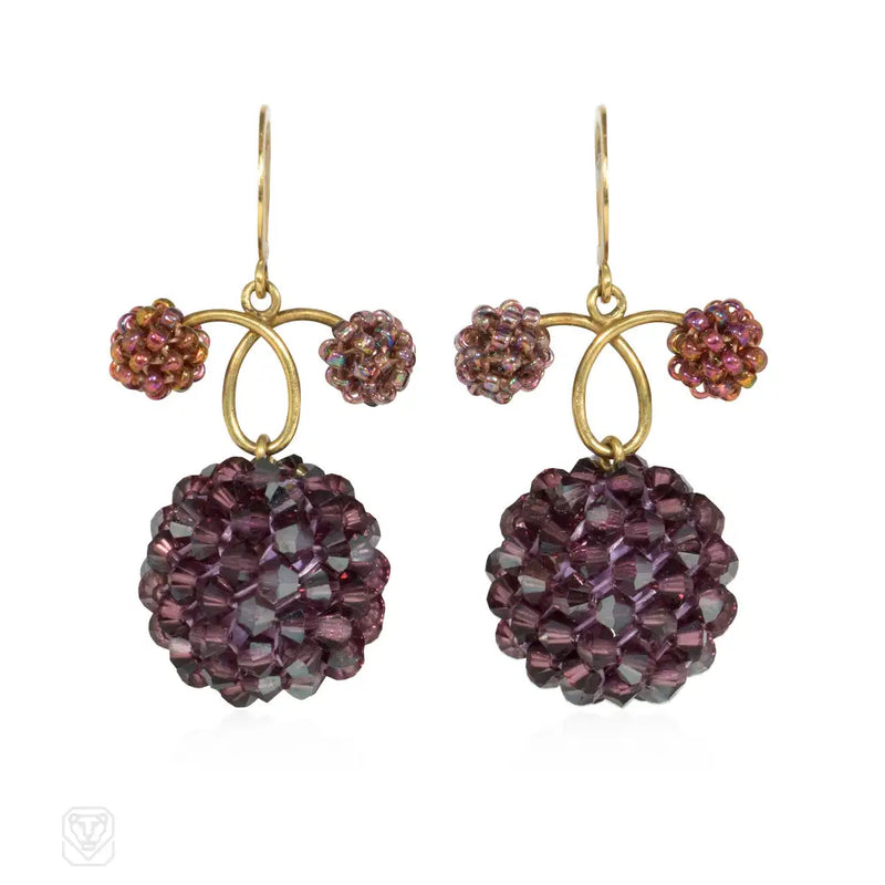 Crystal Glass And Gold Loop Design Beaded Ball Earrings