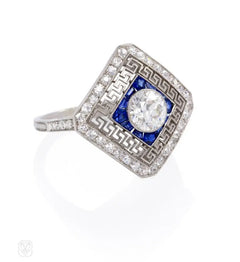 Edwardian diamond, sapphire, and filigree platinum ring