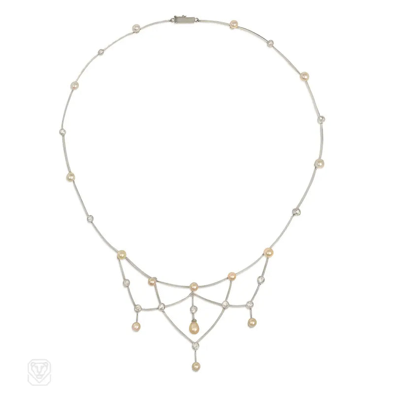 Edwardian Pearl And Diamond Festoon Necklace