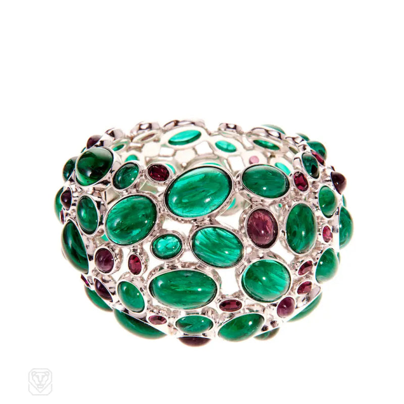 Emerald Glass And Rhodium - Plated Bronze Bracelet Amphitrite Collection