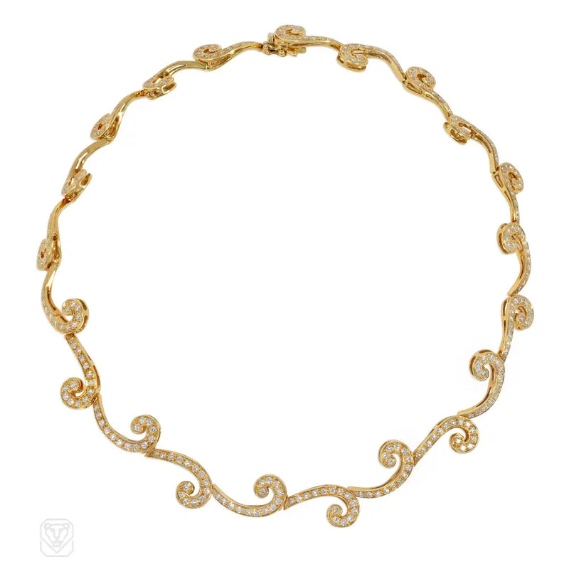 Estate Diamond And Gold Wave Necklace