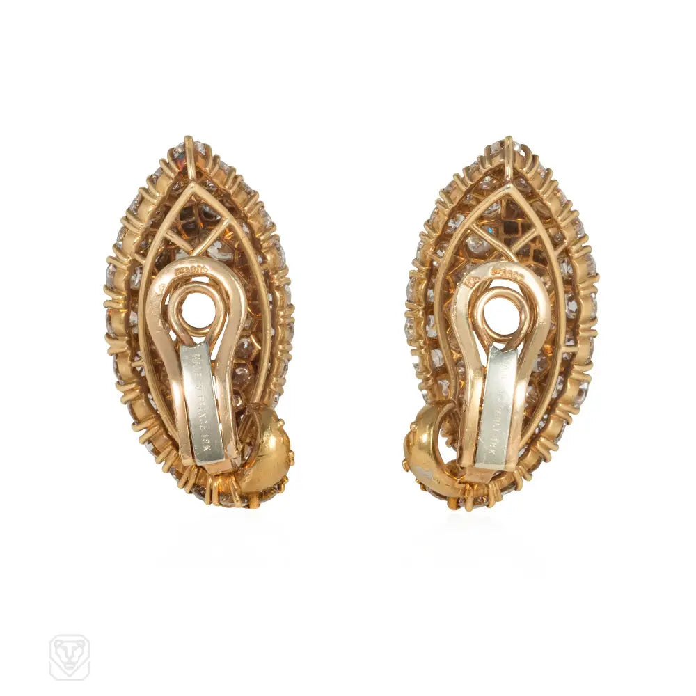 French 1950s gold and diamond stylized leaf earclips