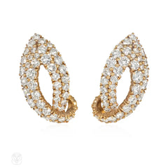 French 1950s gold and diamond stylized leaf earclips