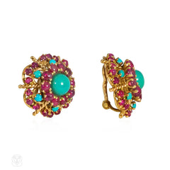 French 1950s turquoise and ruby cluster earclips