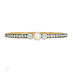 French antique pearl and diamond bangle bracelet