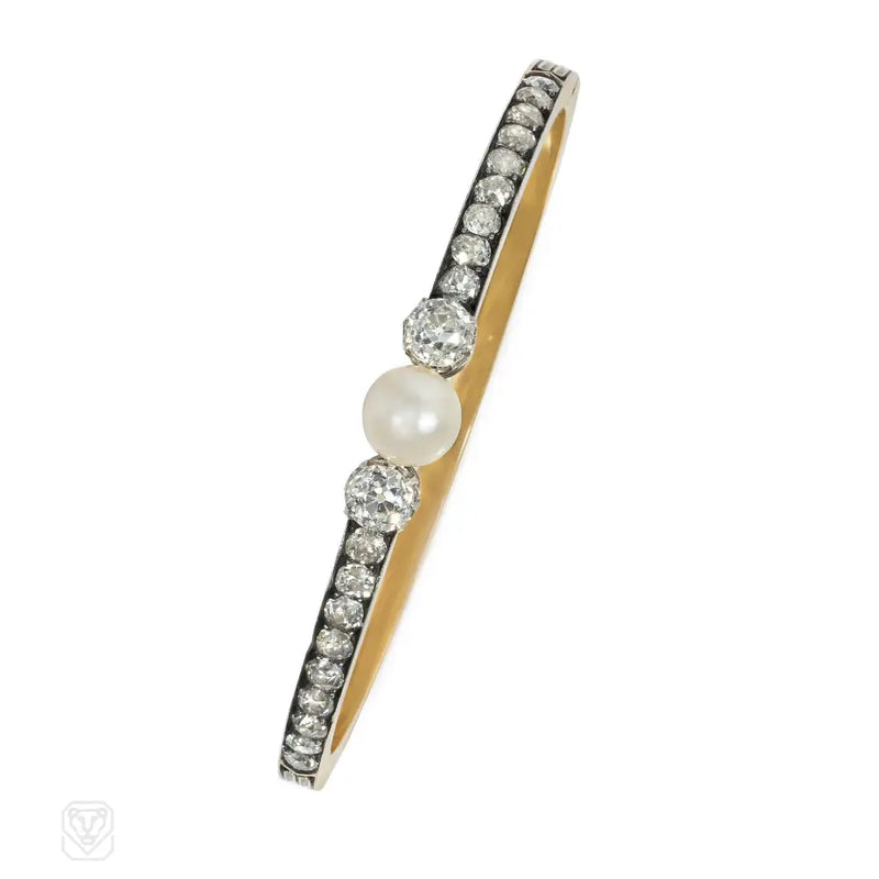 French Antique Pearl And Diamond Bangle Bracelet