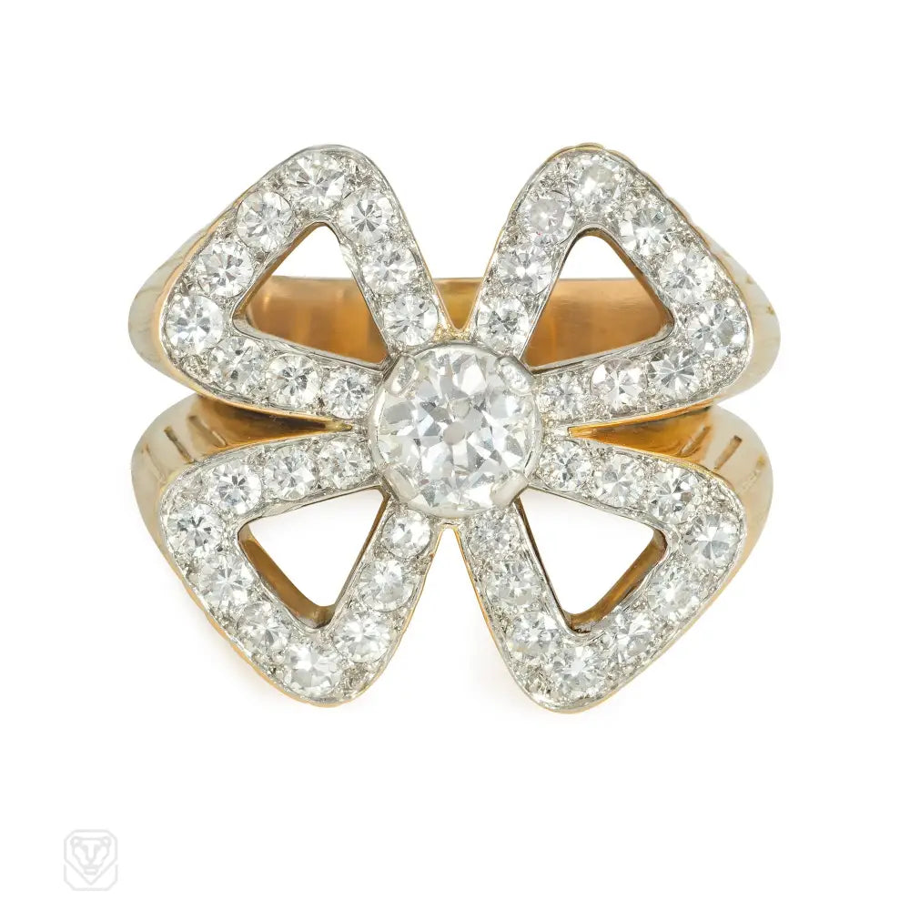 French gold and diamond quatrefoil cocktail ring