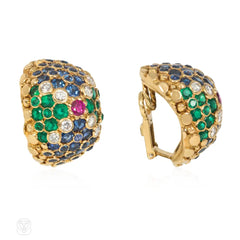 French Mid-century bombé gold and multigem earrings