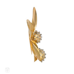 French Retro gold and diamond leaves and chestnuts brooch