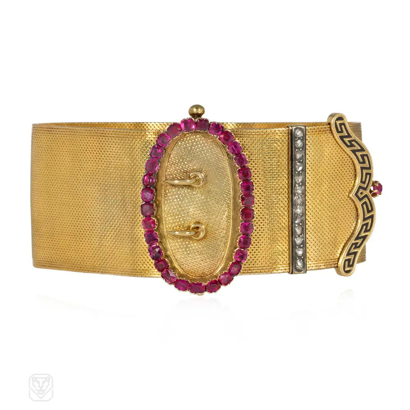 French Ruby And Diamond Antique Buckle Bracelet